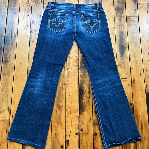 Rerock Express Womens 12 Low Rise Boot Cut Jeans Dark Wash Embroidered Y2K 32x30 - Picture 8 of 13